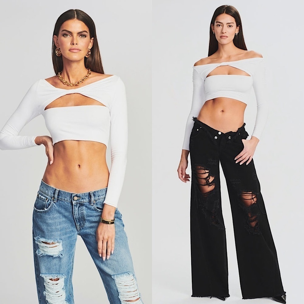 NWT RETROFETE SEROYA 90s Off Shoulder Long Sleeve Twist‎ Front Cutout Crop Top S